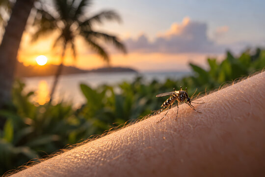 Extreme macro of a mosquito landing on human forearm at tropical sunset, highlighting mosquito exposure, insect prevention, travel health and outdoor risks.