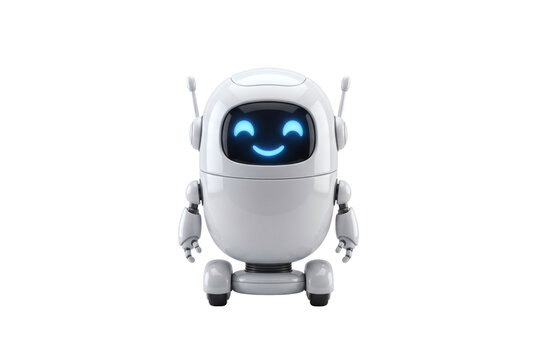 Cute friendly 3D cartoon helper robot mascot with rounded white chassis and glowing blue digital face. Artificial intelligence automated virtual assistant isolated on white background setting.