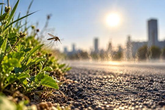 Photorealistic mosquito hovering beside heat-shimmering urban asphalt, linking rising temperatures, city heat and mosquito activity in a dramatic climate-health concept.