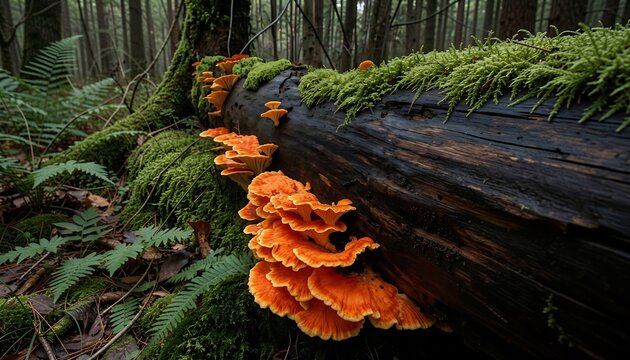 Large cluster of bright orange shelf mushrooms cascading along a dark decaying log covered in lush green moss in a misty deep forest.
