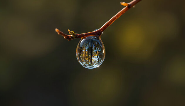 Macro close-up of a single large water droplet hanging from a thin tree branch, perfectly reflecting an autumn forest with tall trees.