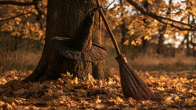 Autumn Witch's Rest: A witch's hat and broom rest against a tree, surrounded by fallen golden leaves, evoking a magical autumn atmosphere.