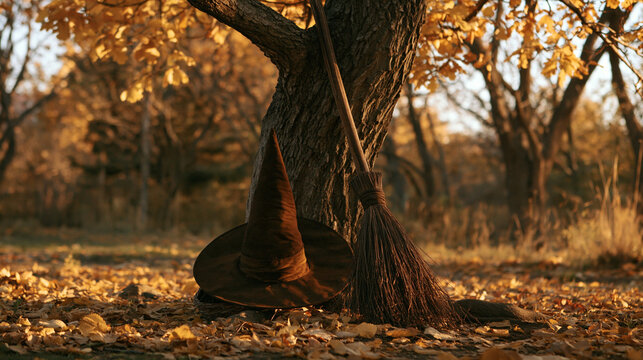 Mysterious Autumn Scene: A witch's hat and broom rest against a tree trunk amidst a carpet of fallen autumn leaves, hinting at magic and fantasy.