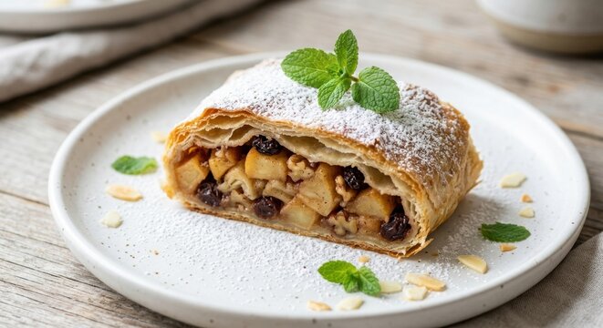 A slice of fresh apple strudel with powdered sugar, raisins, and walnuts served on a white ceramic plate with mint garnish on a rustic wooden table background.