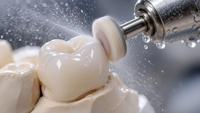 Automated CAD/CAM Dental Milling Machine Crafting Ceramic Crown with Precision Water Spray Cooling in Laboratory