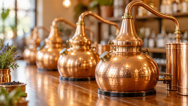 Vintage Handcrafted Copper Alembic Stills in an Artisan Distillery for Craft Gin, Whiskey, and Essential Oil Distillation