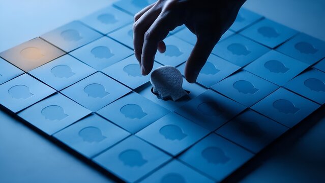 Hand carefully placing a textured human head cutout into an empty square on a blue grid representing professional recruitment talent acquisition and strategic human resources