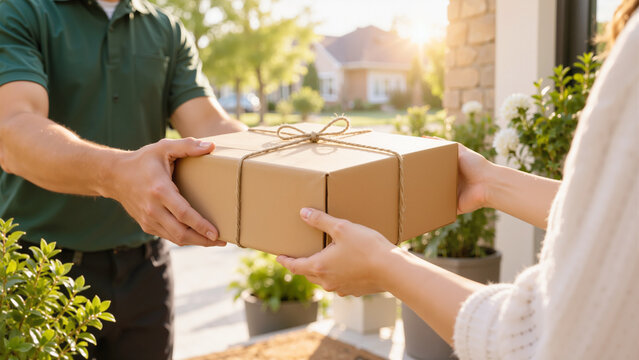 Delivery Courier Handing Over Cardboard Parcel Box Tied with String to Customer at Front Door of Suburban Home
