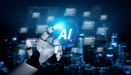 Obraz premium AI document automation concept with floating files and knowledge cards. Document NLP processing, search, document summarization, LLM document management for DMS enterprise workflows. Corpus