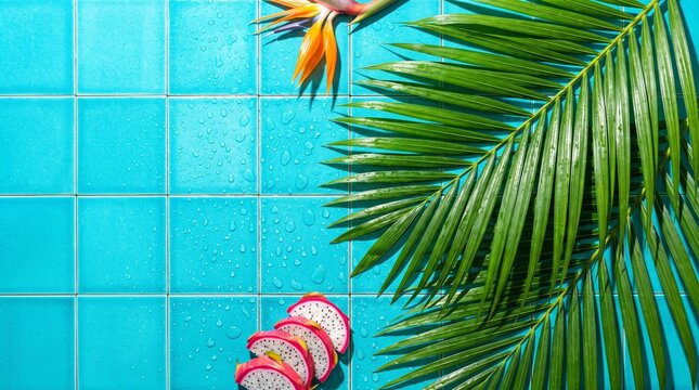 Palm frond shadows across a turquoise getaway backdrop