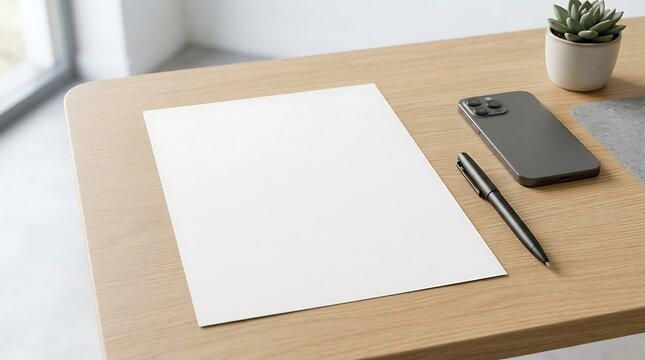 A clean minimal wooden workspace featuring a blank paper sheet mockup alongside a smartphone and a sleek pen for professional document presentation