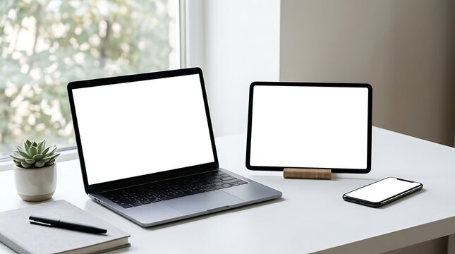 Modern professional workspace featuring a clean laptop tablet and smartphone with empty white screens for mockup design projects in a home office