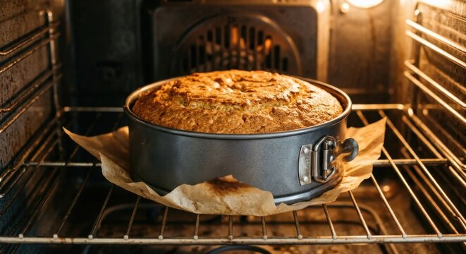 Golden brown cake baking inside a warm oven in a springform pan on parchment paper, showcasing fresh culinary home baking process.