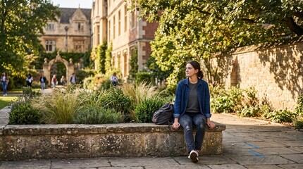 Fototapeta premium Teen pauses beside a campus garden planter after class