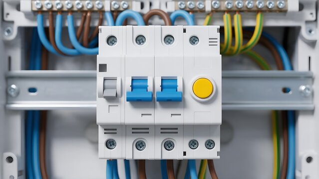 Industrial electrical residual current circuit breaker featuring bright blue toggle switches and a prominent yellow test button mounted inside a modern residential power distribution cabinet unit