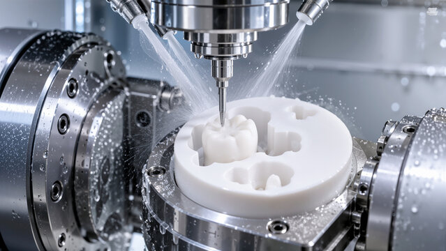 Automated 5-Axis CNC Dental Milling Machine Precision Crafting a Zirconia Ceramic Tooth Crown Prosthesis with Water Jet Cooling