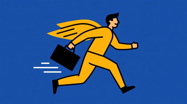 Businessman in yellow suit running with briefcase and cape on blue background  