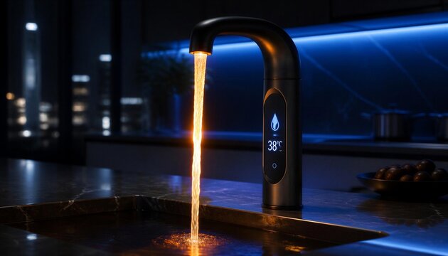 Futuristic smart water faucet with digital temperature display in dark modern kitchen
