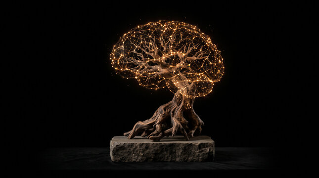 An ancient bonsai tree with a twisted trunk whose branches transform into a glowing digital network and neural nodes shaping a human brain, set against a dark, minimalist studio background.   