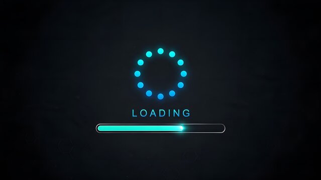 Glowing neon loading circle indicator with progress bar displayed against a dark minimalist abstract background for modern digital interface designs and high speed internet applications