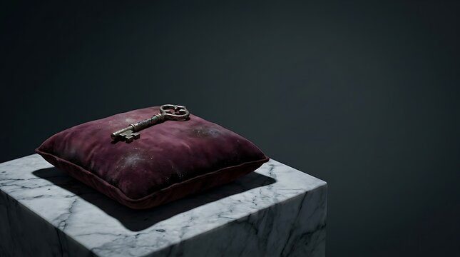 Vintage Metal Key on a Velvet Pillow in a Dark Haunted Room