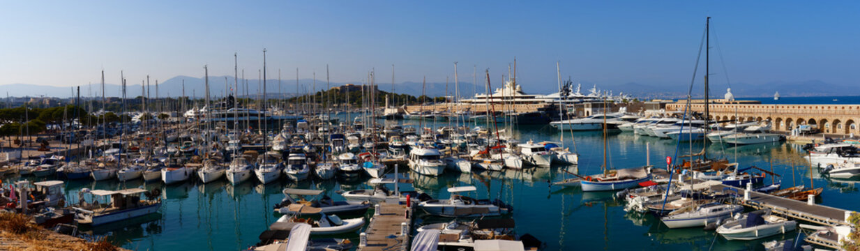 Port Vauban marina, wide panorama, Antibes, France.