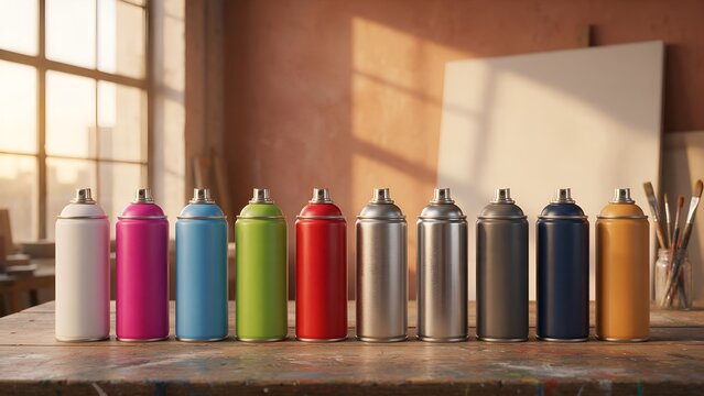 Vibrant spray paint cans lined up neatly on a rustic wooden table inside a sunlit creative artist studio featuring warm light and artistic atmosphere today