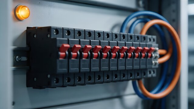 Electrical distribution board featuring multiple red toggle circuit breakers installed within a metallic control panel cabinet showing bright orange indicator light for modern industrial power systems