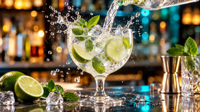 Pouring Refreshing Mojito Cocktail with Fresh Lime, Mint Leaves and Ice Cubes on Bar Counter with Bokeh Lights