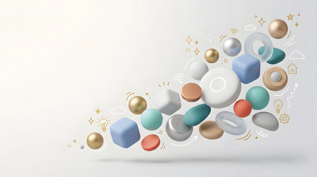 Abstract 3D shapes explosion floating on a clean white background with minimal doodle icons