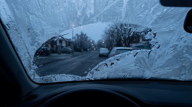Frosted car windshield with clear view of snowy street