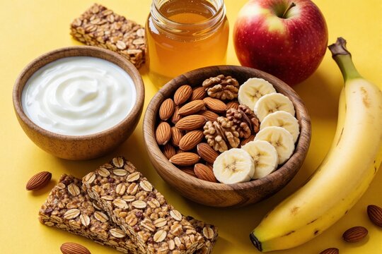 Healthy breakfast with yogurt, granola bars, fresh fruits like banana and apple, nuts, and honey on yellow surface. Natural ingredients for a nourishing meal.