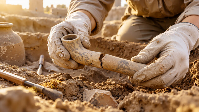 Archaeologist Hands Carefully Holding an Ancient Clay Pipe Artifact at a Dusty Historical Excavation Site