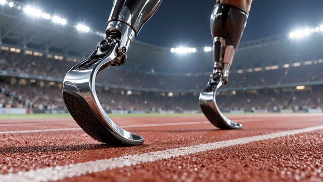 Close-up of runner with blade prosthetics competing on red running track in stadium under floodlights