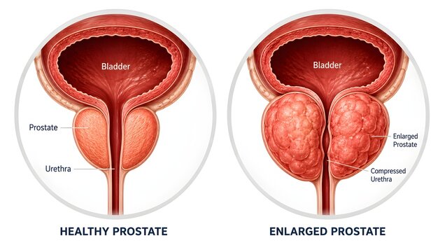 Medical illustration comparing healthy and enlarged prostate anatomy, clearly explaining benign prostate enlargement and urinary health concepts for education