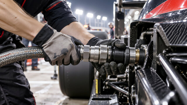 Motorsport Pit Crew Mechanic Connecting High-Flow Fuel Hose to Race Car During Night Pit Stop
