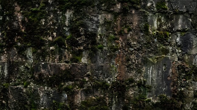 Weathered mossy stone and rock surface in a forest setting providing a natural rugged texture for backgrounds, environmental design and outdoor themes