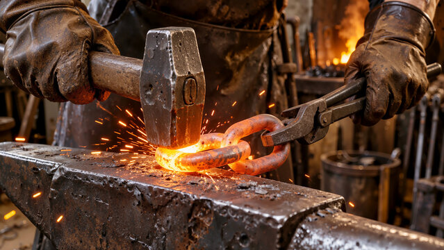 Blacksmith Forging Glowing Red-Hot Iron Chain on Anvil with Sledgehammer and Tongs in Traditional Forge Workshop