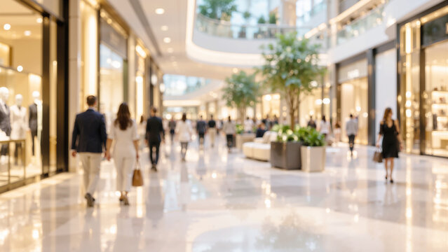 Blurred Motion of Shoppers Walking Through Modern Luxury Shopping Mall Interior with Bright Boutique Storefronts