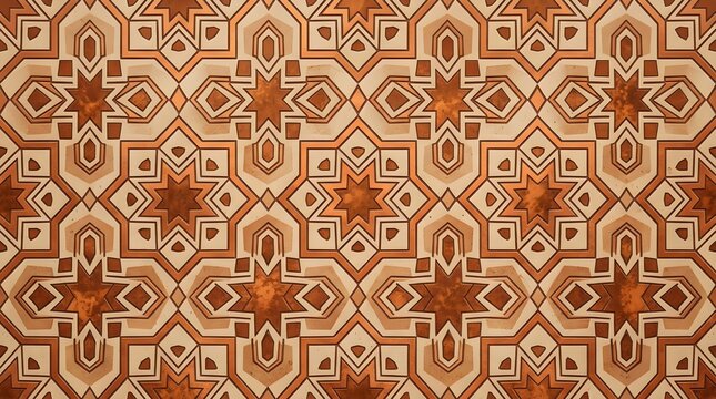 Warm terracotta and beige geometric tile pattern with intricate repeating motifs for Mediterranean interiors, architectural surfaces, wallpaper and textile design