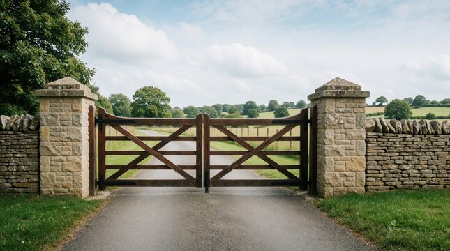 Wooden gates with stone pillars welcome visitors to a country lane. Tree lined fields and rolling hills form a scenic rural landscape under a cloudy sky.