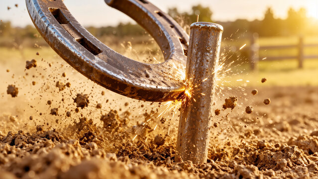 Horseshoe Hitting Metal Stake with Bright Sparks and Splashing Dirt in Action Outdoor Ringer Game at Sunset