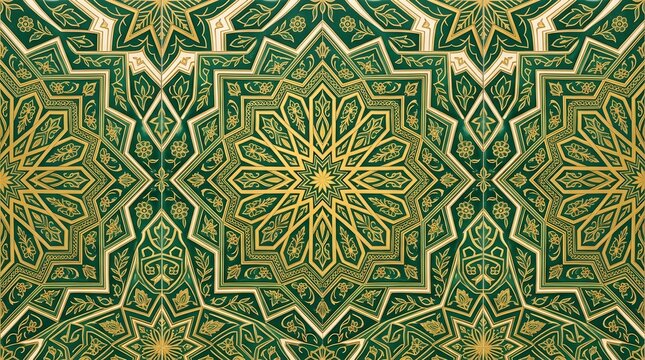 Emerald green and gold Islamic geometric pattern with ornate floral medallions for luxurious architectural walls, wallpaper, textiles, tiles and interior decor
