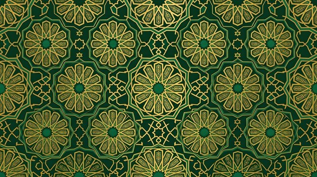 Dark green and olive floral geometric ornament with repeating rosettes for sophisticated wallpaper, textile patterns, architectural surfaces and decorative interiors