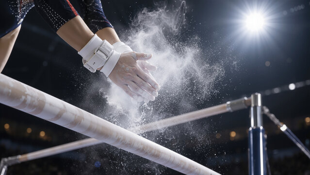 Female Gymnast Clapping Hands with White Chalk Powder Preparing for Uneven Bars Routine in Arena