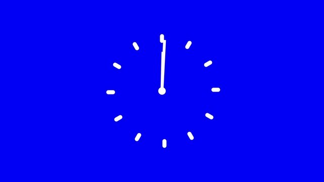 Minimalist white analog clock face animation rotating against a solid vibrant blue background, time management, deadline countdown, business efficiency, and productivity concept projects