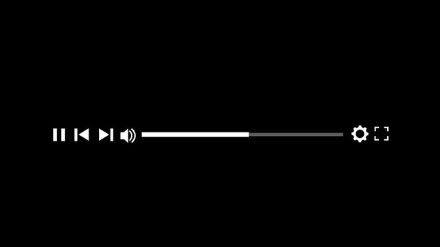 Minimalist white media player interface progress bar loading animation with play pause controls and settings isolated on black background, for modern digital, user interface projects