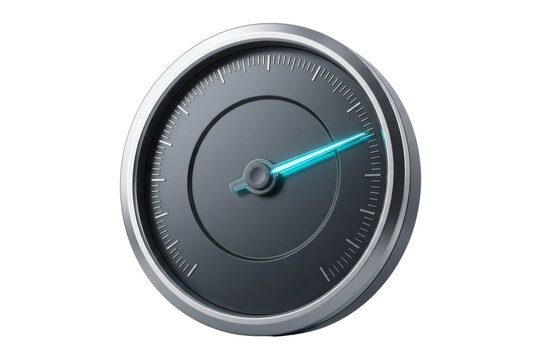 Circular analog pressure meter dashboard gauge dial with chrome metallic bezel and blue pointer. Industrial fluid flow measurement indicator instrument on pure white background template.