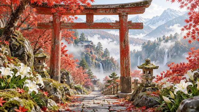 Traditional Japanese Red Torii Gate Path Surrounded by Autumn Foliage, Stone Lanterns, White Lilies, Pagodas, and Misty Mountain Waterfalls