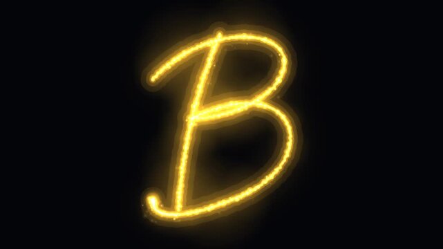 Golden glowing letter b animation, script alphabet character with sparkle particles on black background